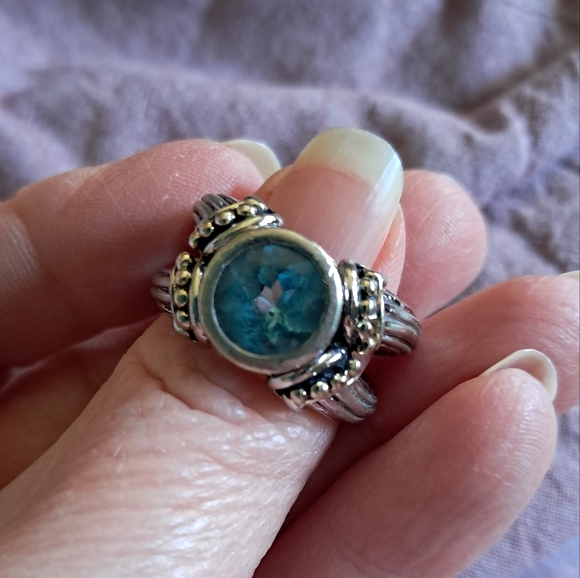 Vintage 14k Yellow Gold Sterling Silver Cerulean Blue Topaz...